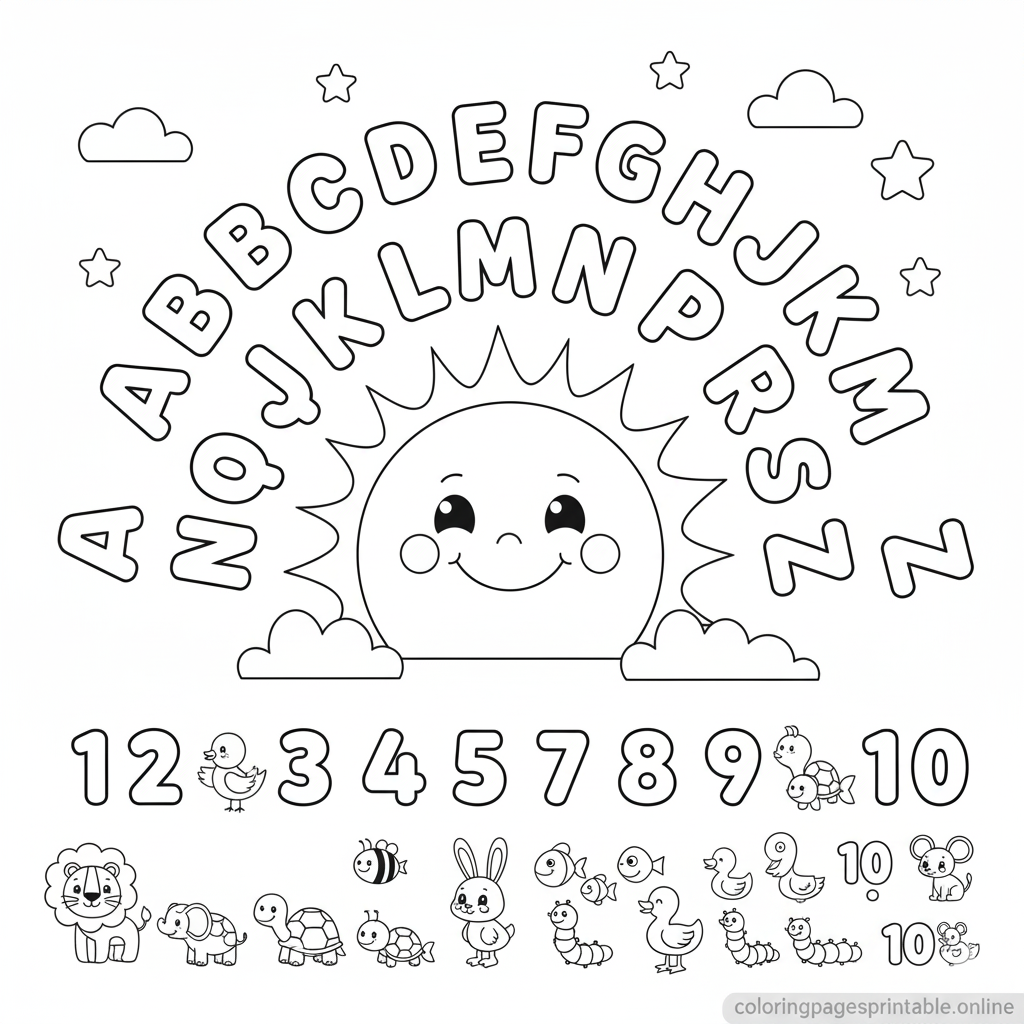 Free printable educational coloring page for kids 5-8 - ABC letters, numbers 1-10 with animal counts, thick lines for easy coloring | coloringpagesprintable.online